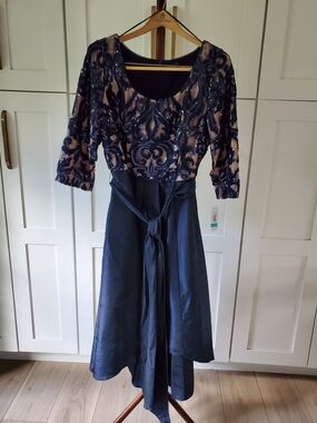 R&M Richards Navy Sequin Embellished A-Line Dress with Sash